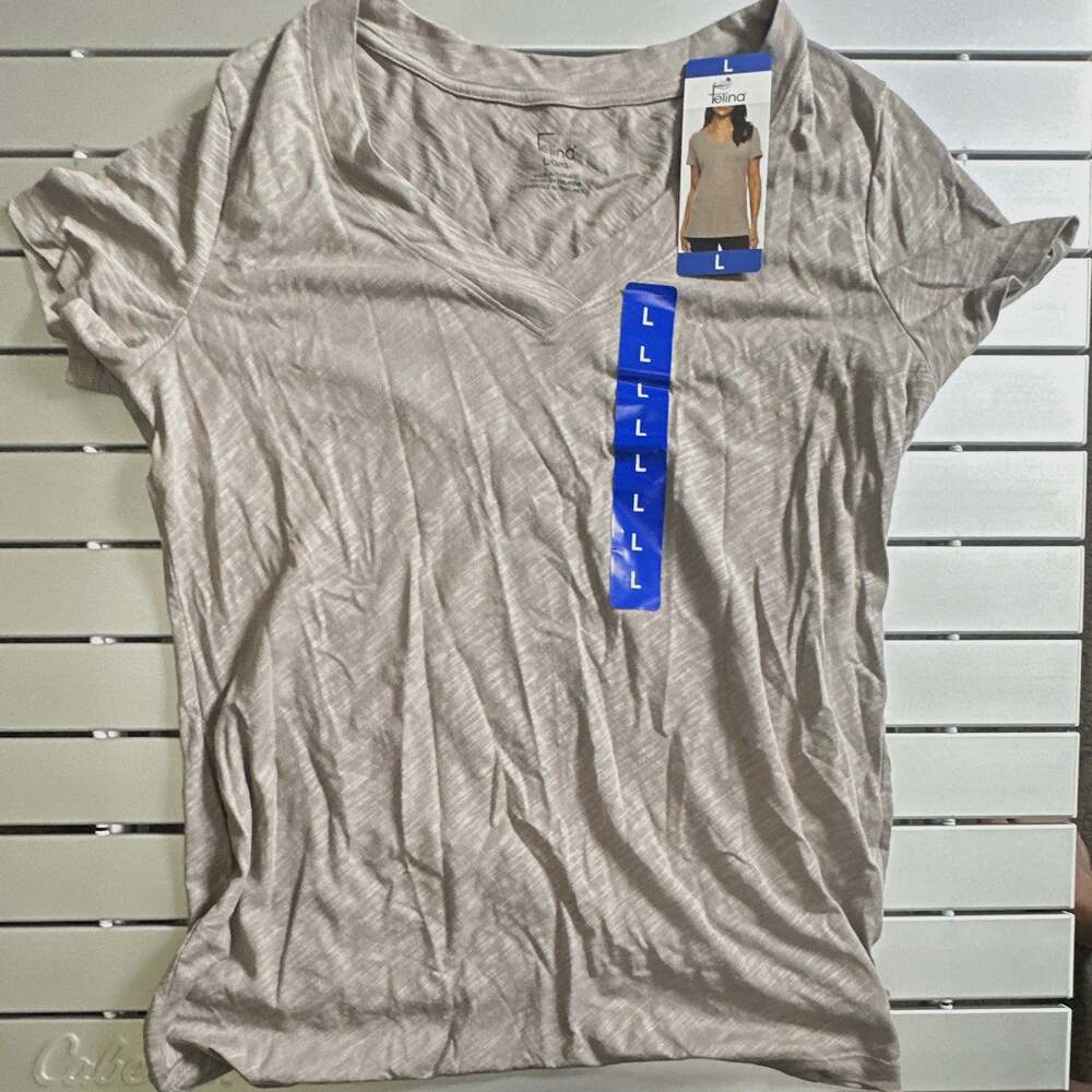 Felina Women’s L Taupe Solid V-Neck Short Sleeve Knit T-Shirt